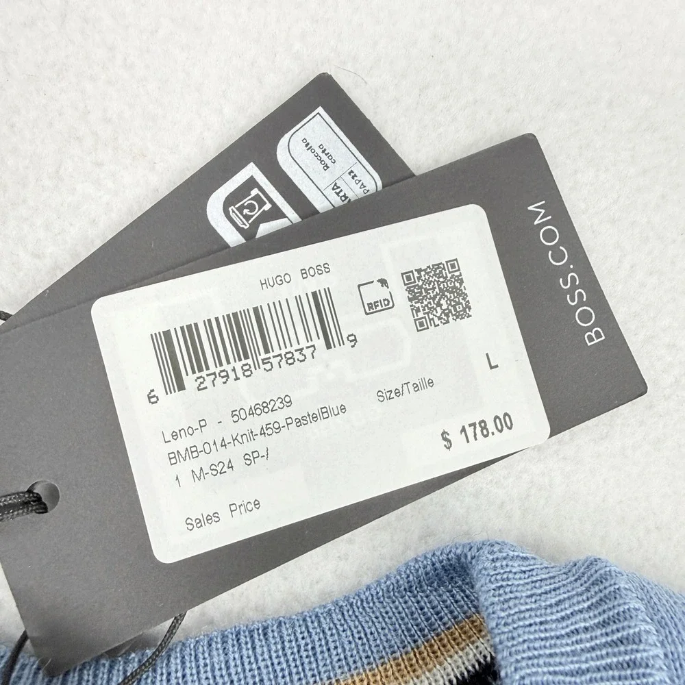 Boss Leno P Virgin Italian Wool Crewneck Sweater L Mens Pastel Blue Light NWT - Picture 6 of 9
